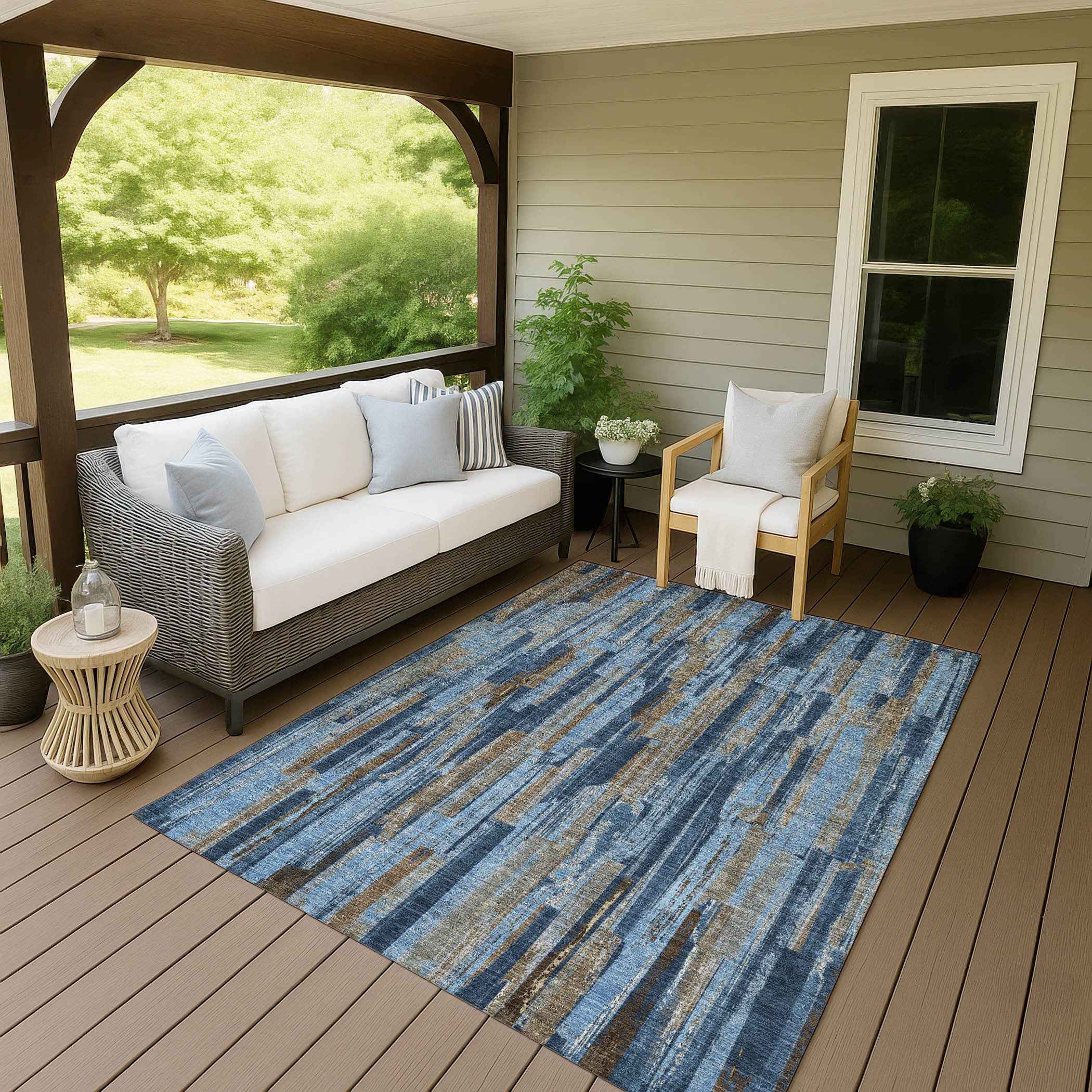 9' X 12' Navy Blue And Taupe Striped Washable Indoor Outdoor Area Rug