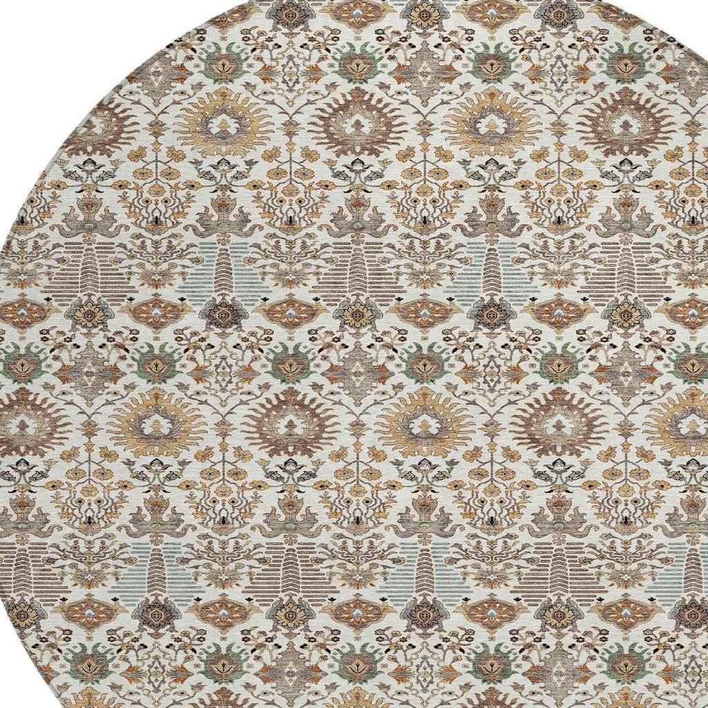 8' Ivory And Brown Round Floral Washable Indoor Outdoor Area Rug