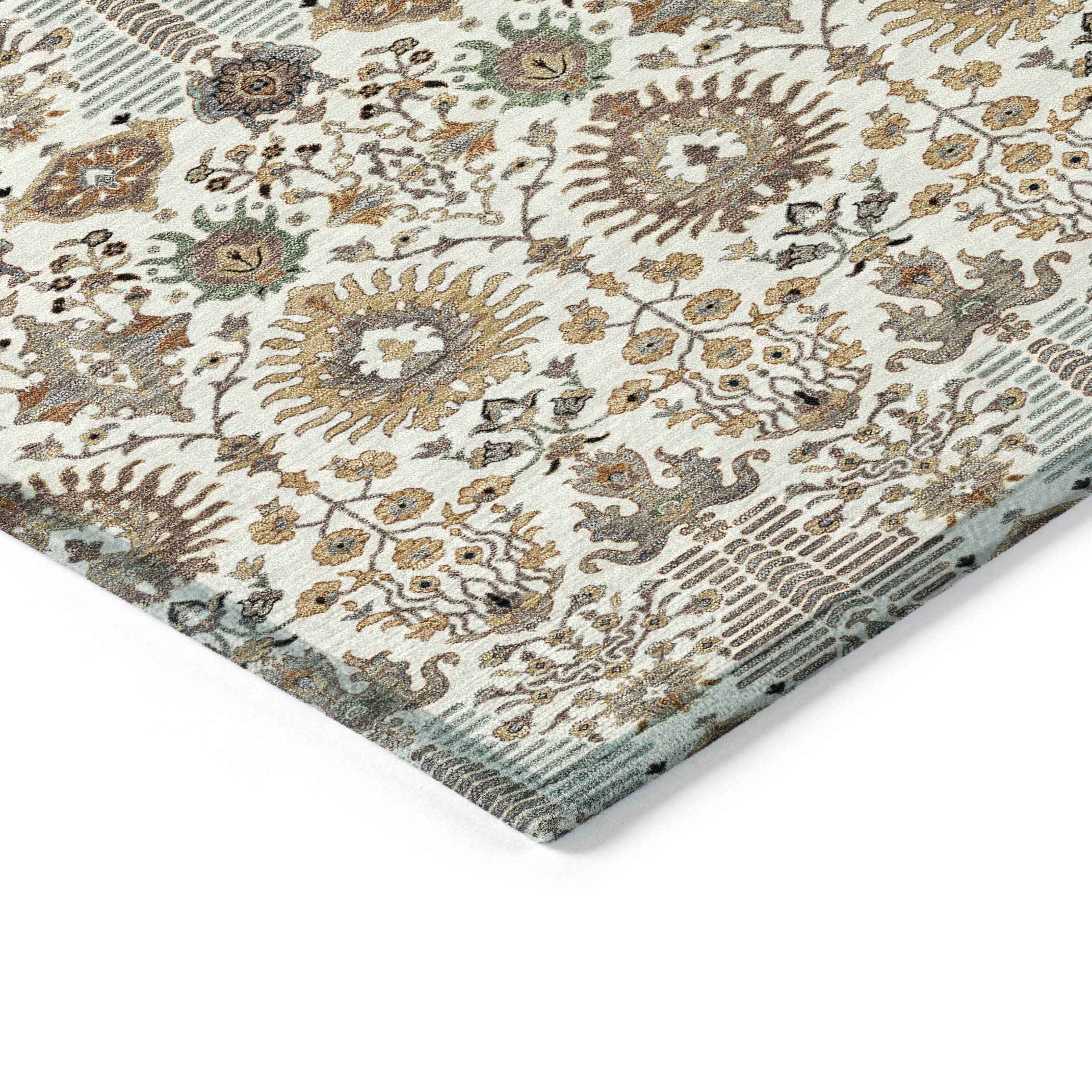 8' Ivory And Brown Round Floral Washable Indoor Outdoor Area Rug