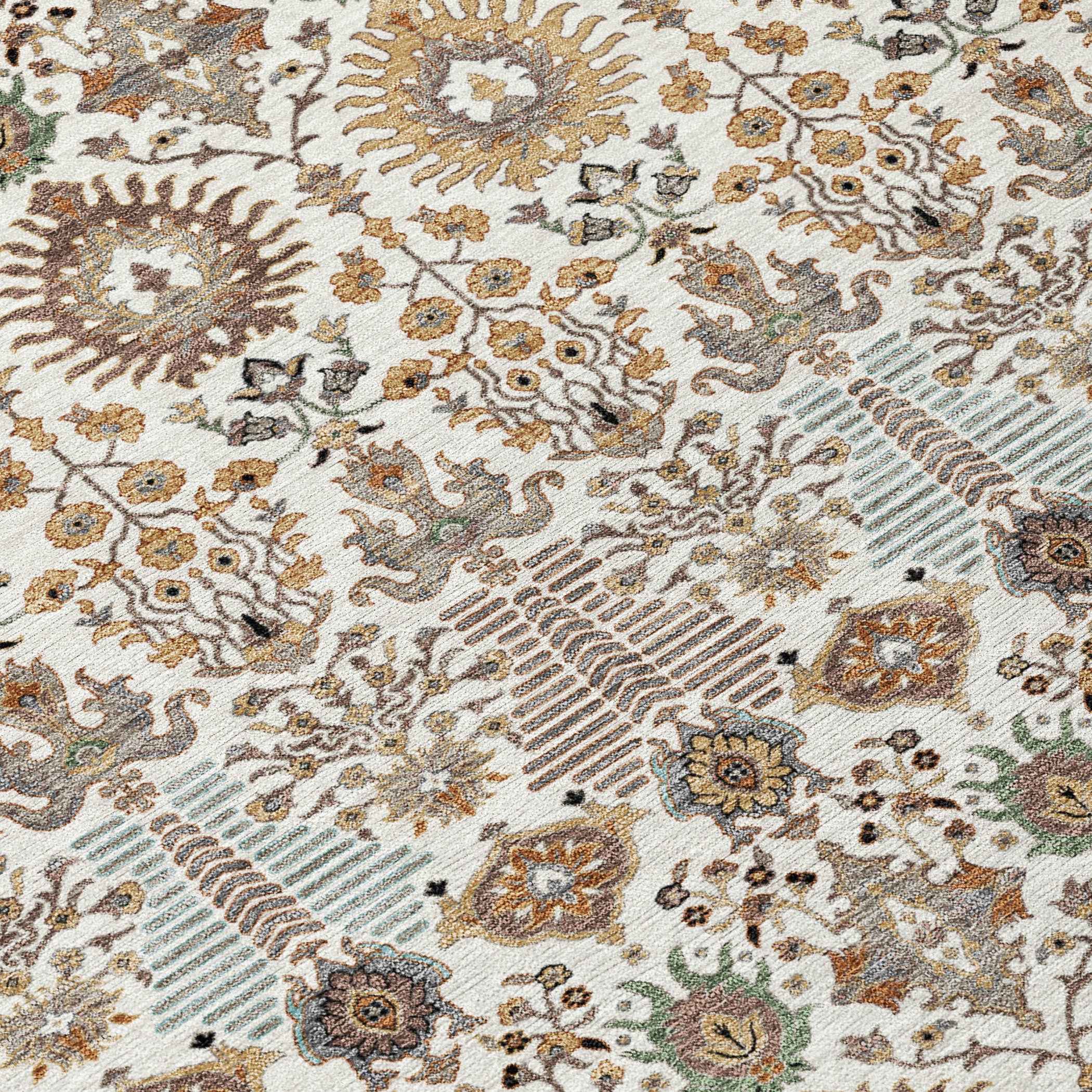 8' Ivory And Brown Round Floral Washable Indoor Outdoor Area Rug