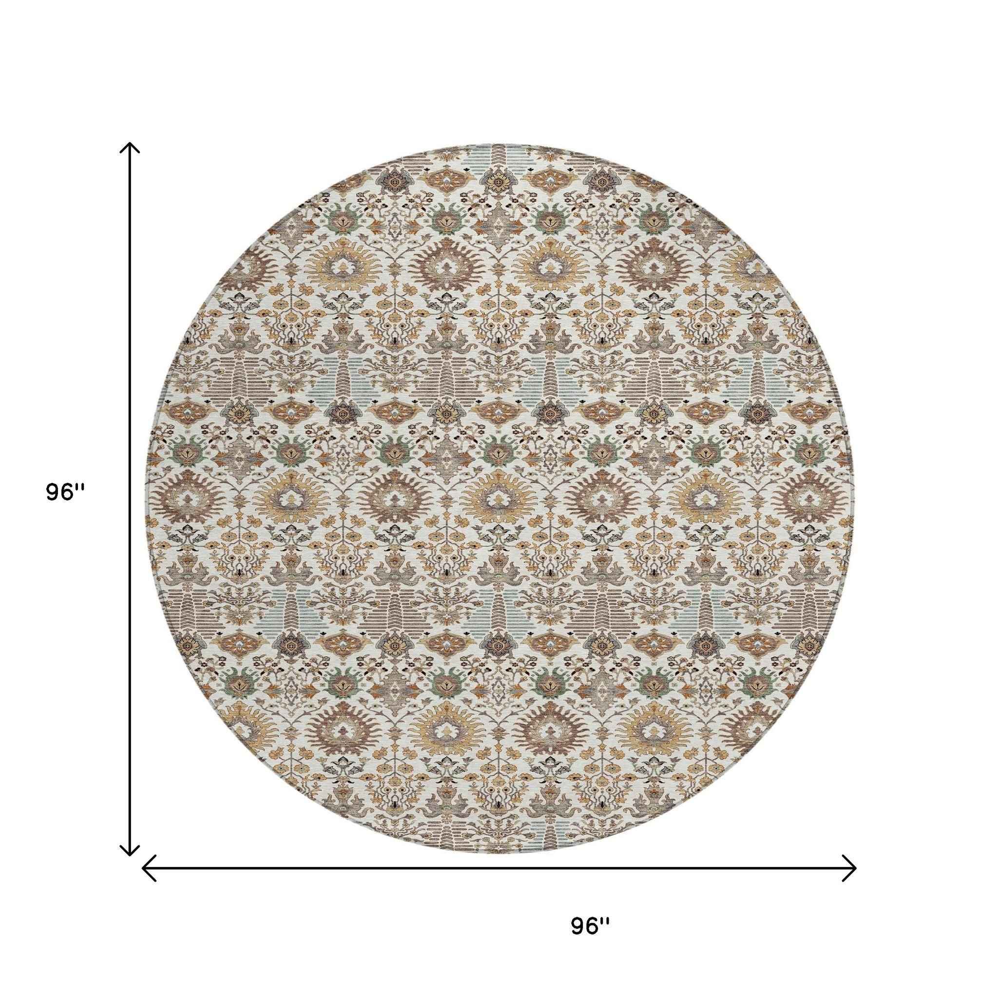 8' Ivory And Brown Round Floral Washable Indoor Outdoor Area Rug