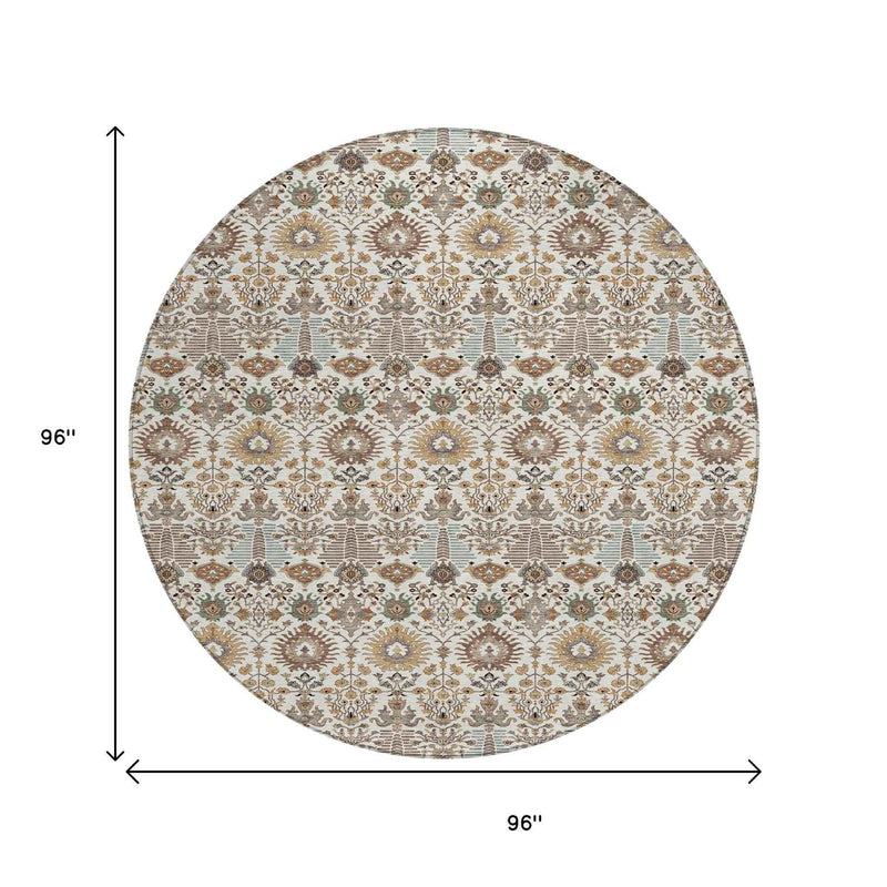 8' Ivory And Brown Round Floral Washable Indoor Outdoor Area Rug