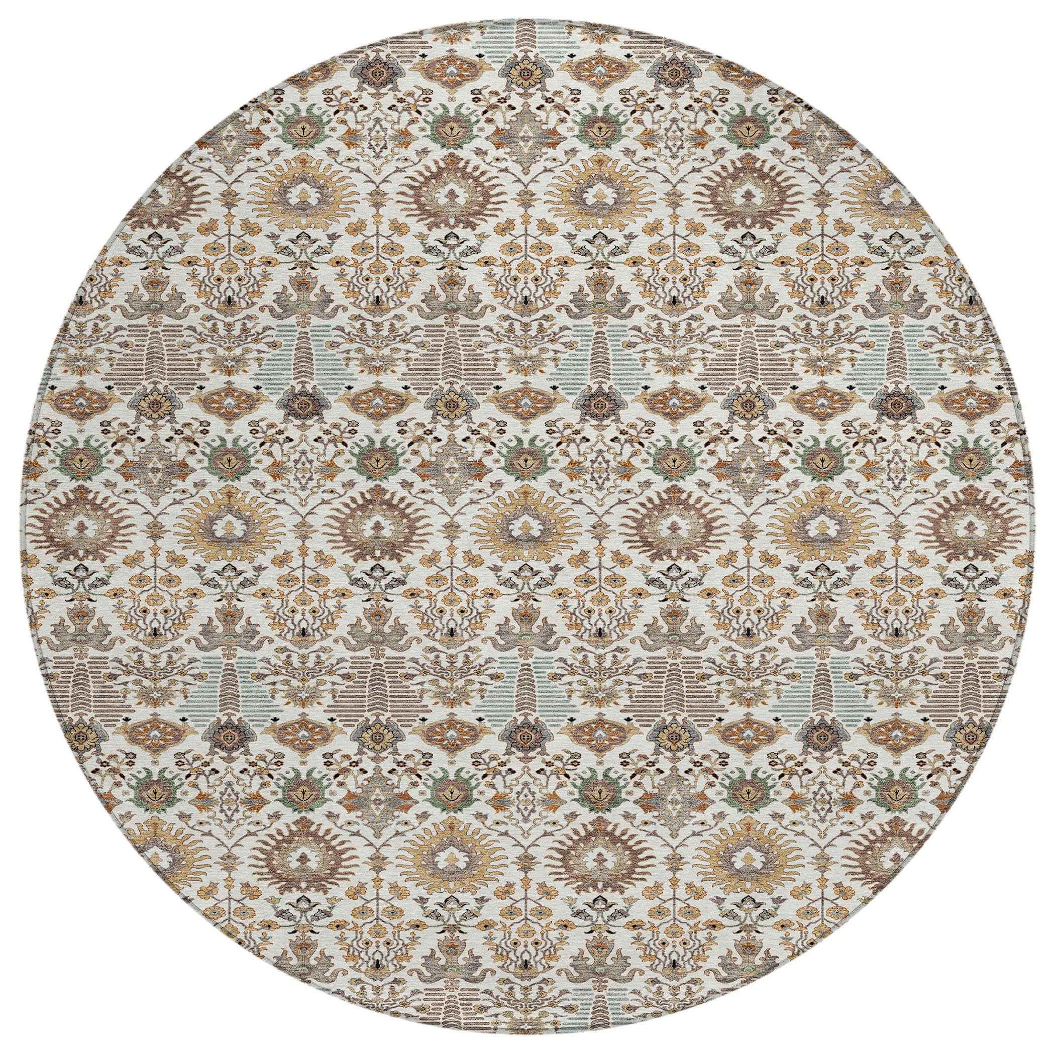 8' Ivory And Brown Round Floral Washable Indoor Outdoor Area Rug