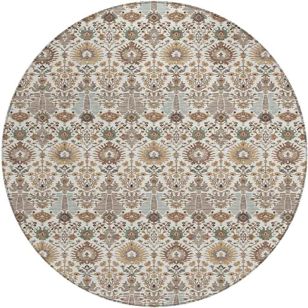 8' Ivory And Brown Round Floral Washable Indoor Outdoor Area Rug