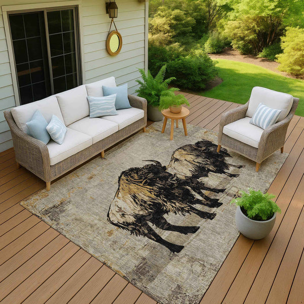 5' X 8' Khaki Black And Ivory Animal Print Washable Indoor Outdoor Area Rug