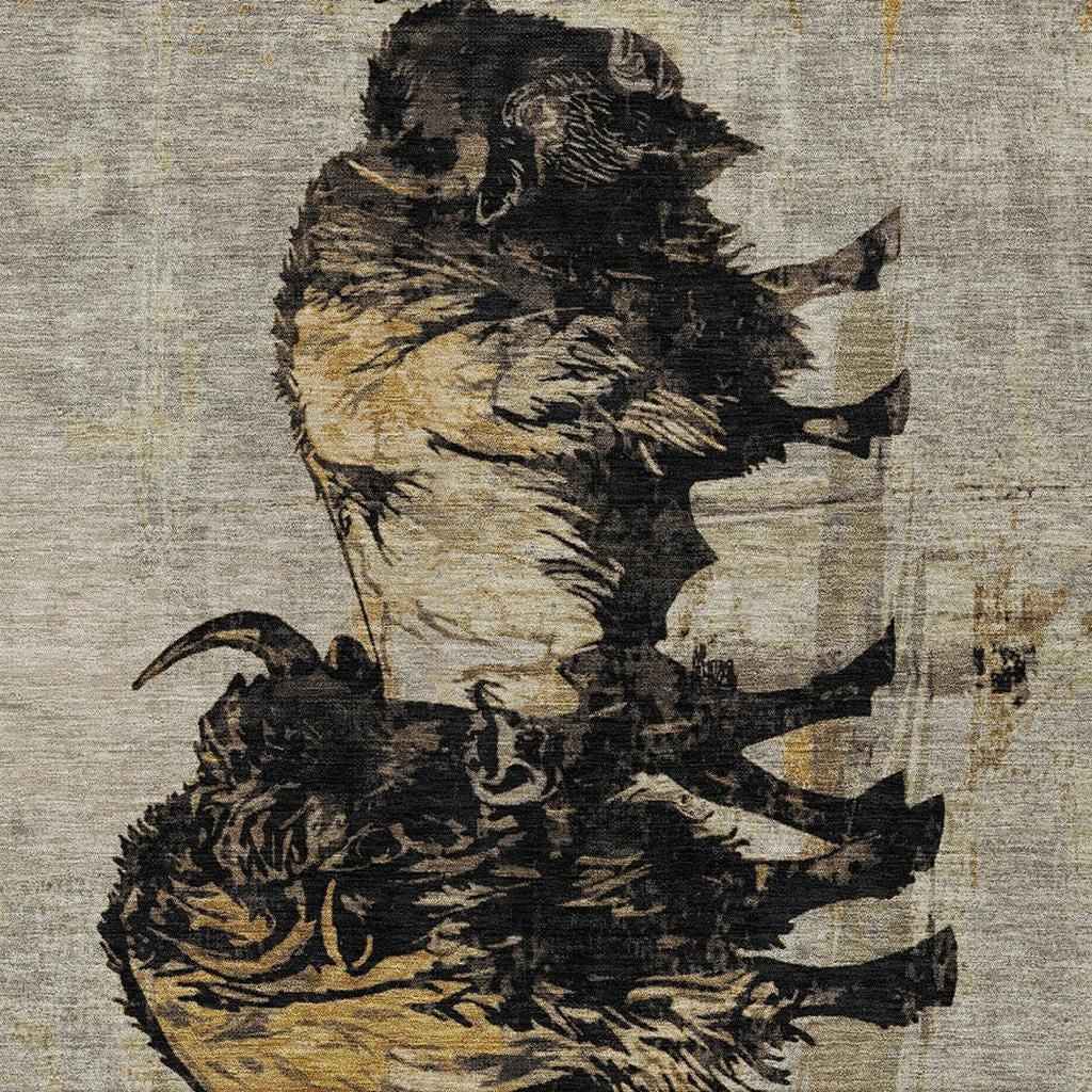 5' X 8' Khaki Black And Ivory Animal Print Washable Indoor Outdoor Area Rug