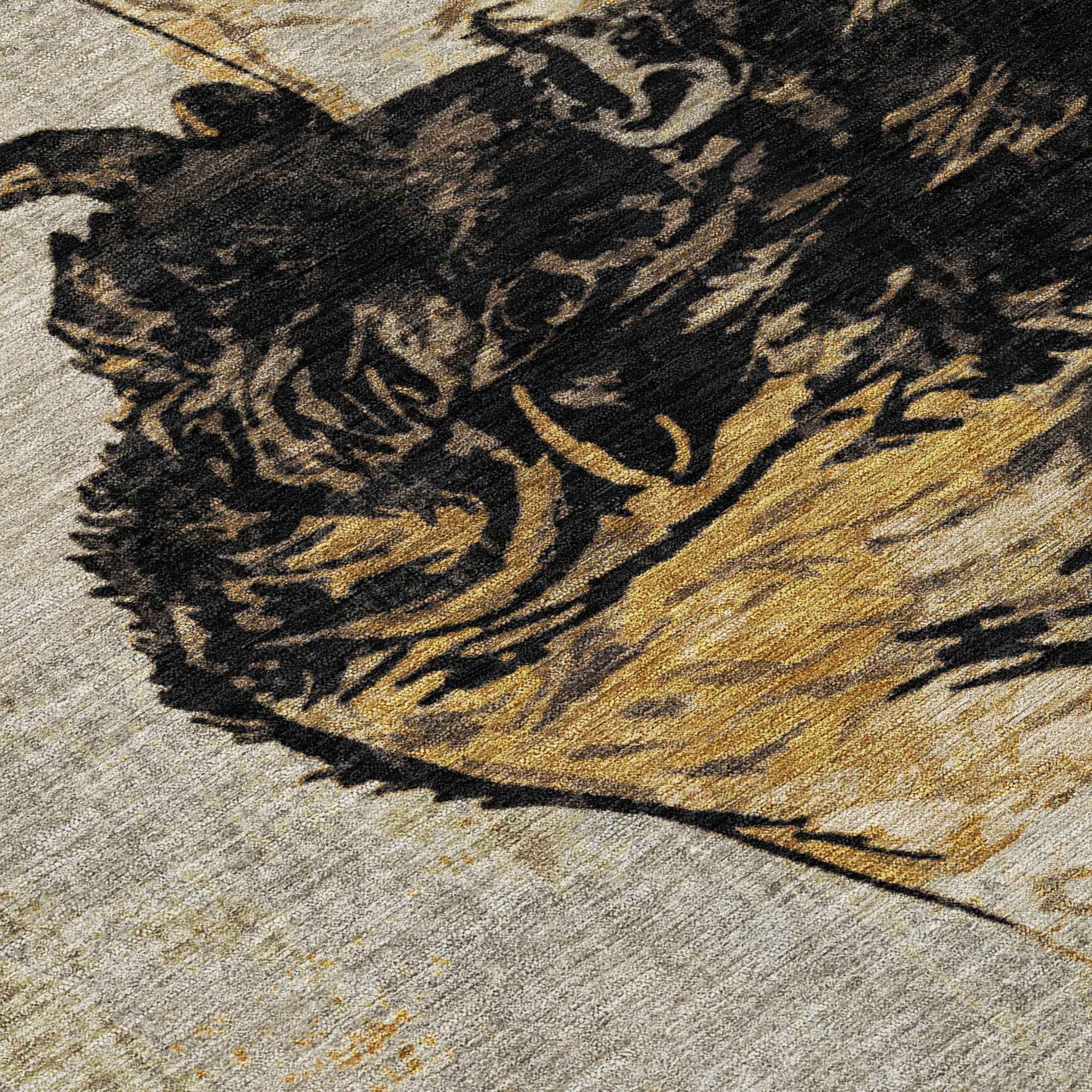 5' X 8' Khaki Black And Ivory Animal Print Washable Indoor Outdoor Area Rug