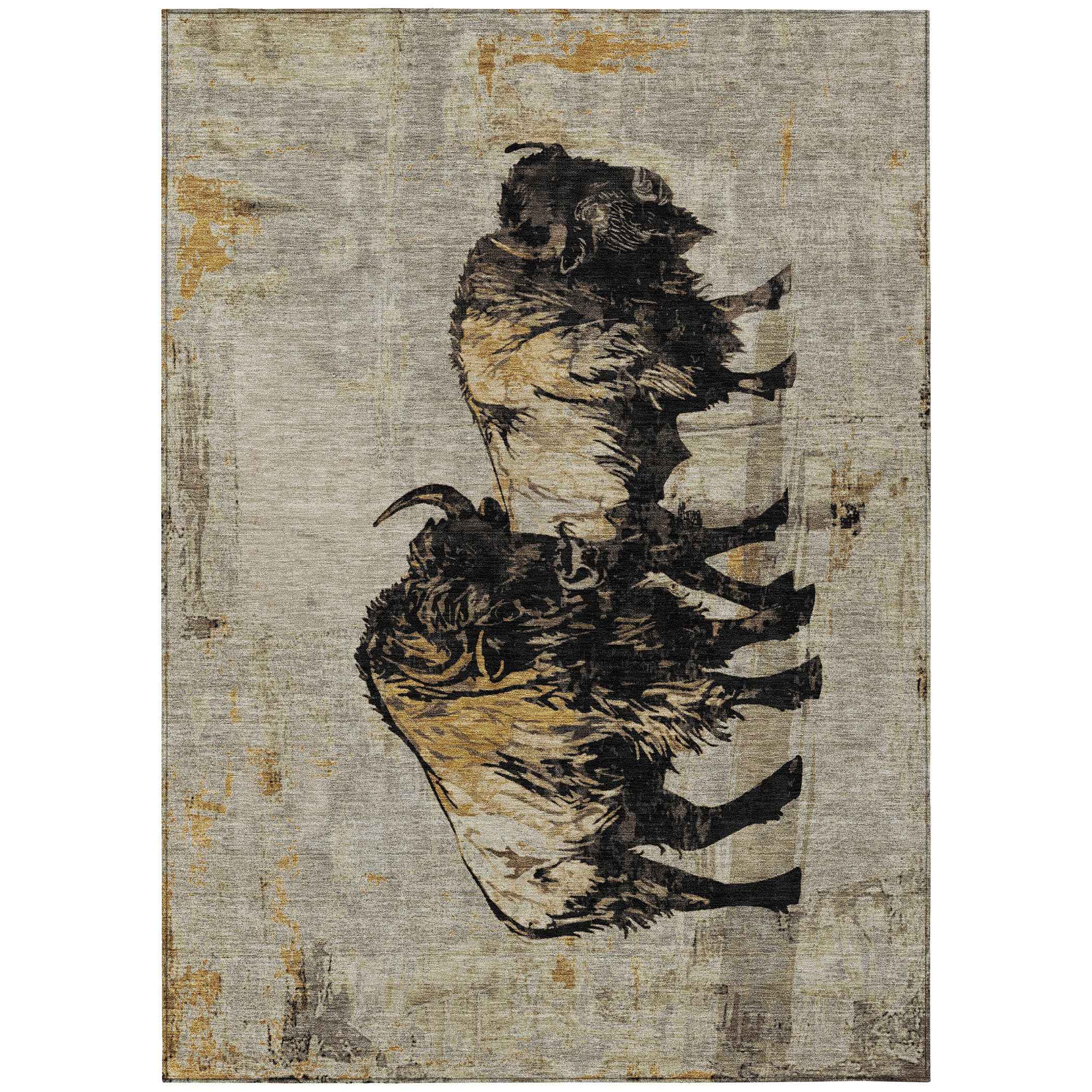 5' X 8' Khaki Black And Ivory Animal Print Washable Indoor Outdoor Area Rug