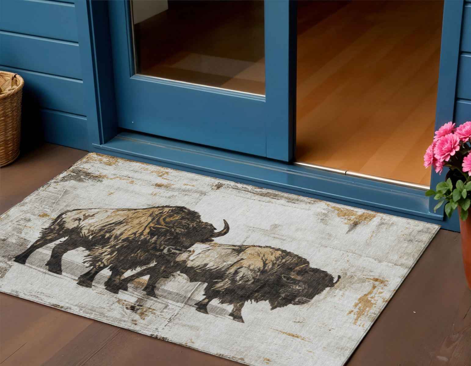 5' X 8' Khaki Black And Ivory Animal Print Washable Indoor Outdoor Area Rug