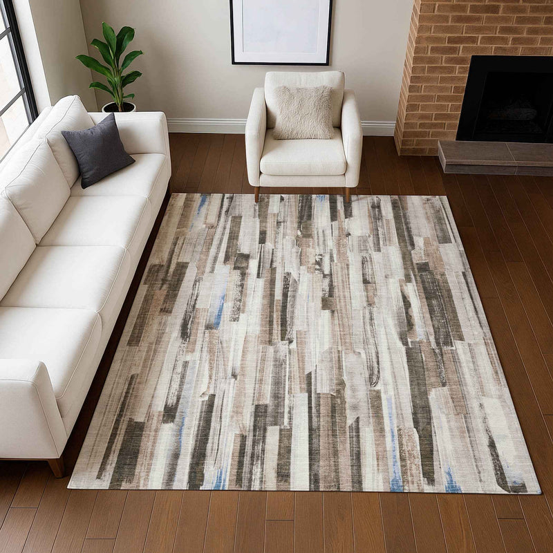 3' X 5' Khaki And Ivory Striped Washable Indoor Outdoor Area Rug