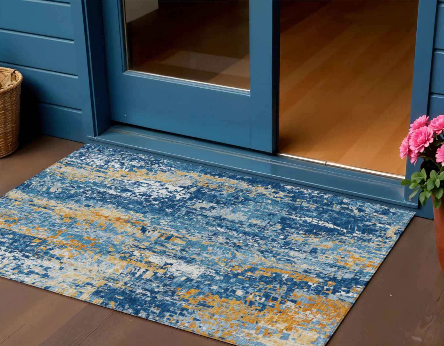 3' X 5' Navy Blue Gold And Ivory Abstract Washable Indoor Outdoor Area Rug