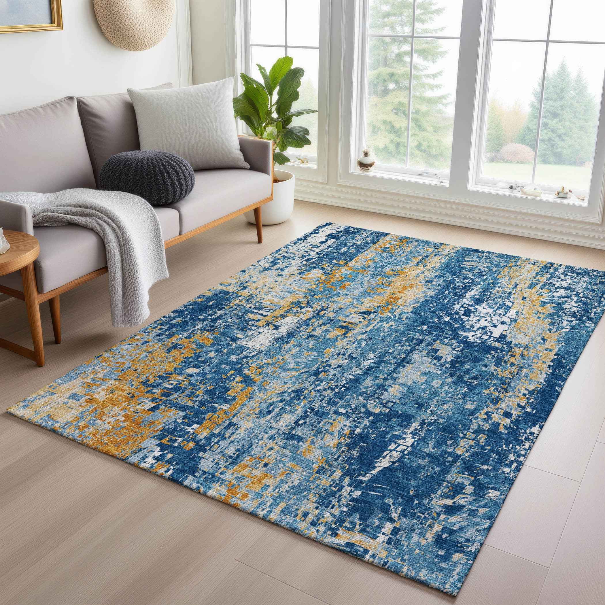 3' X 5' Navy Blue Gold And Ivory Abstract Washable Indoor Outdoor Area Rug