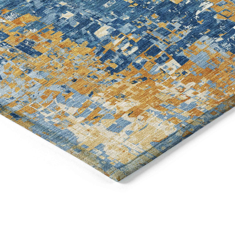 3' X 5' Navy Blue Gold And Ivory Abstract Washable Indoor Outdoor Area Rug