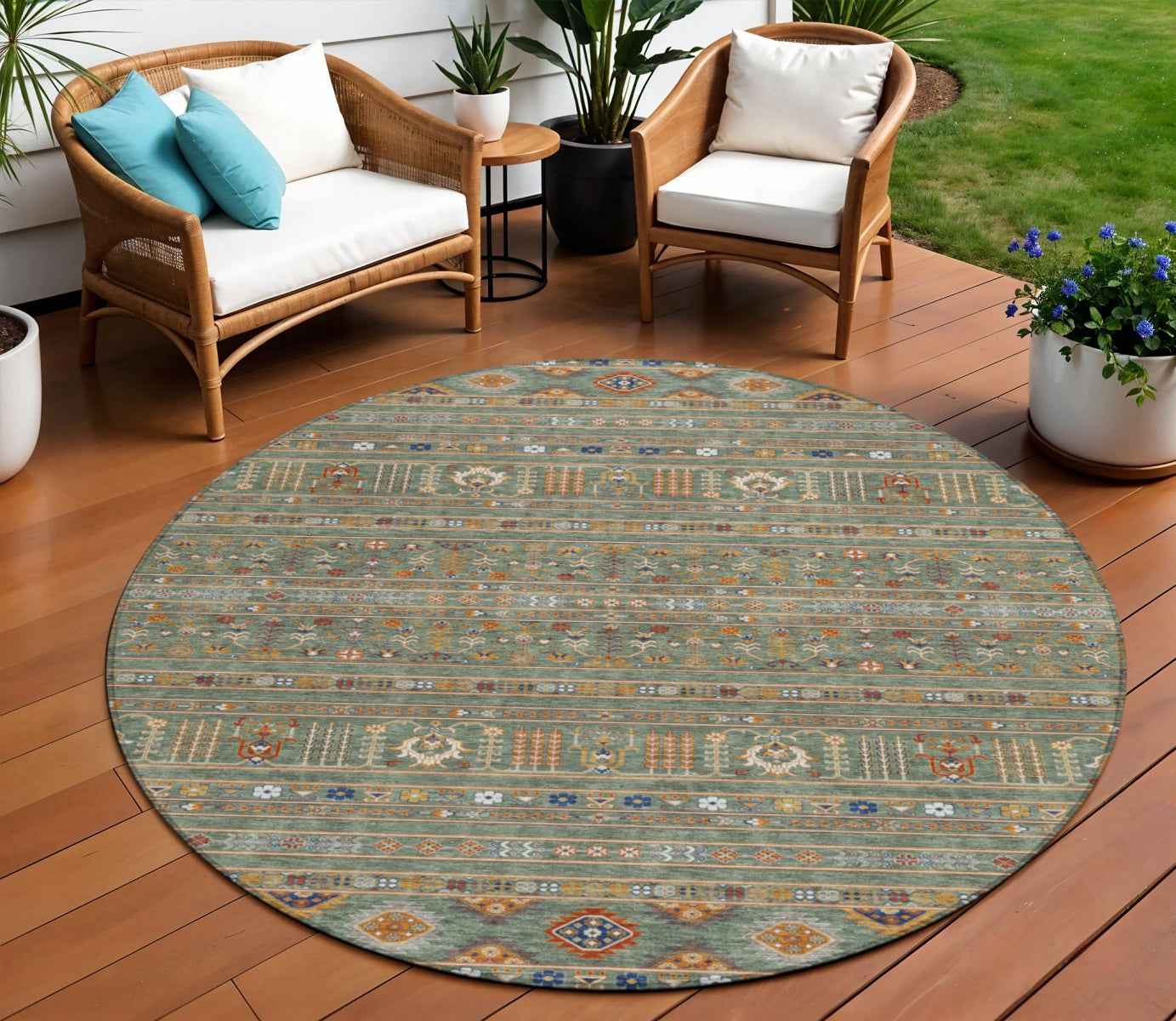 8' Sage Gold And Copper Round Tribal Washable Indoor Outdoor Area Rug