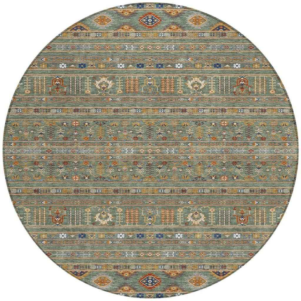 8' Sage Gold And Copper Round Tribal Washable Indoor Outdoor Area Rug