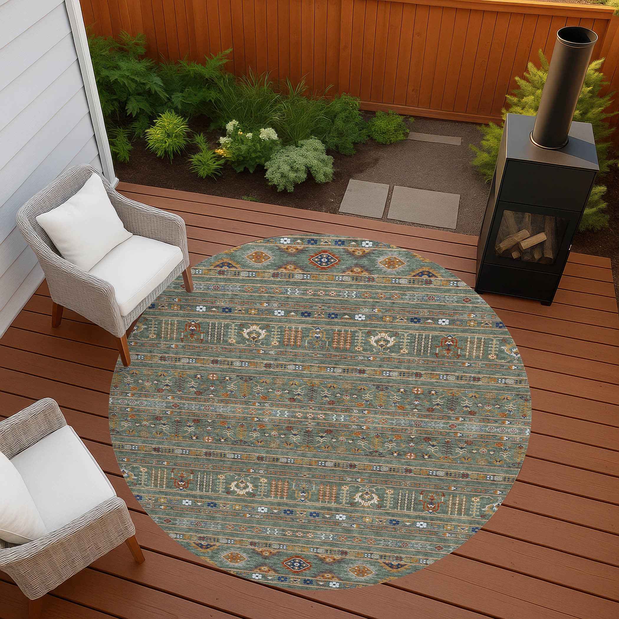 8' Sage Gold And Copper Round Tribal Washable Indoor Outdoor Area Rug
