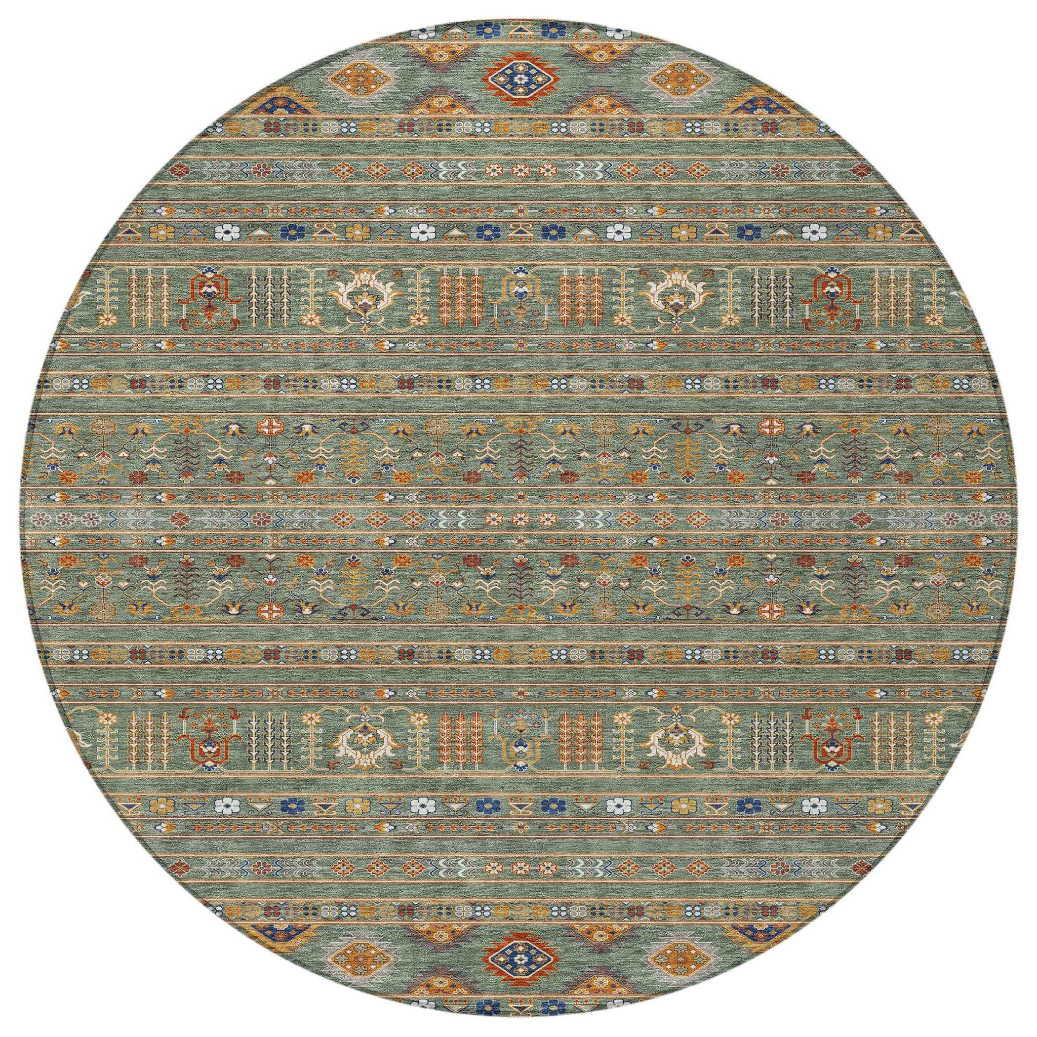 8' Sage Gold And Copper Round Tribal Washable Indoor Outdoor Area Rug