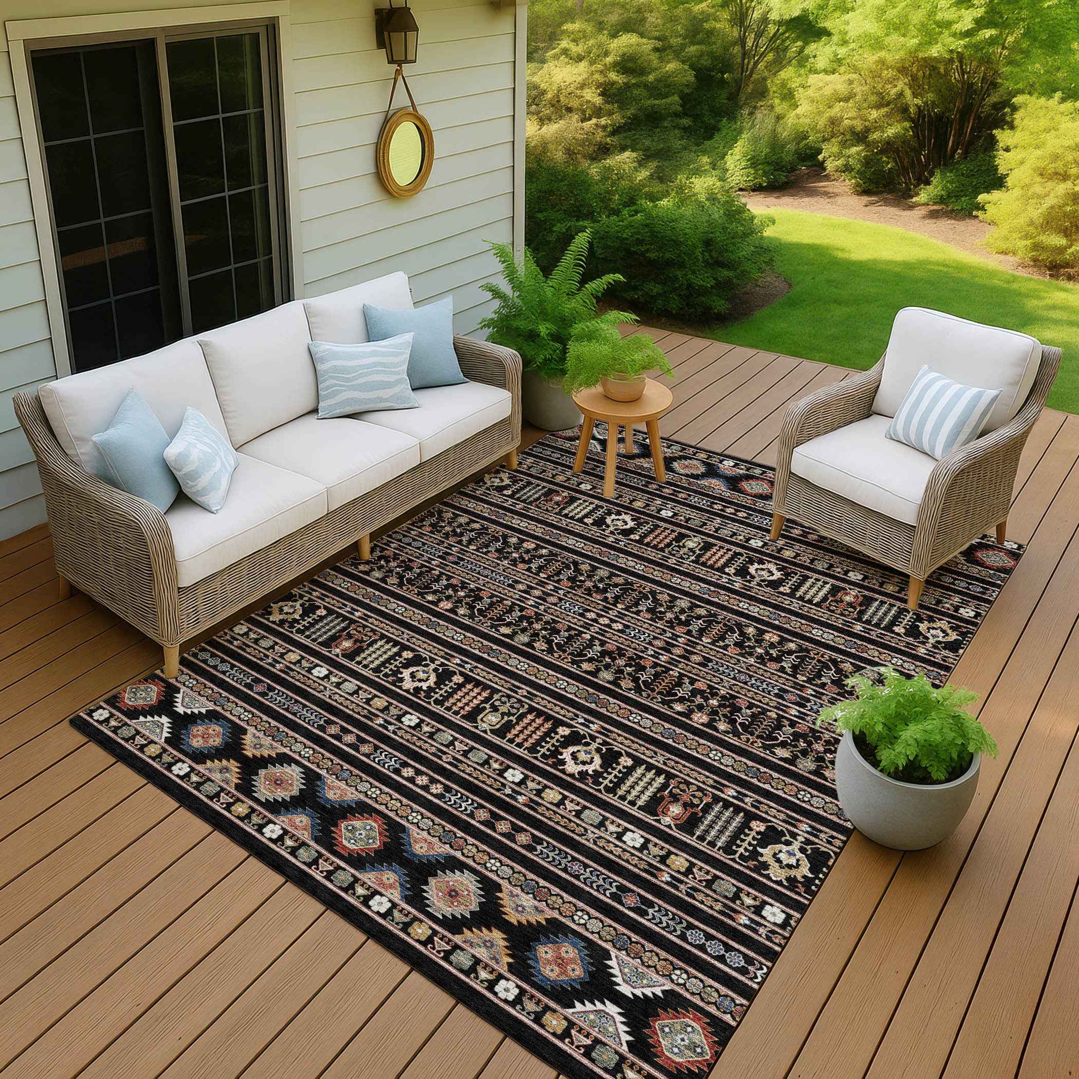 3' X 5' Black Blue And Copper Tribal Washable Indoor Outdoor Area Rug