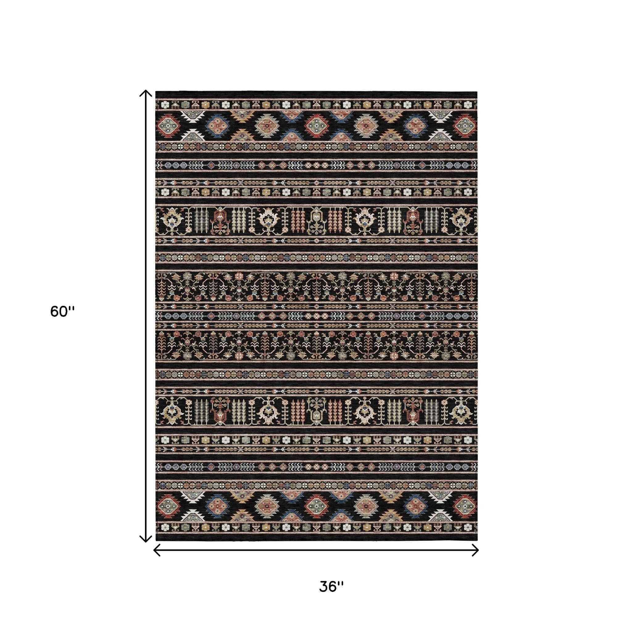 3' X 5' Black Blue And Copper Tribal Washable Indoor Outdoor Area Rug