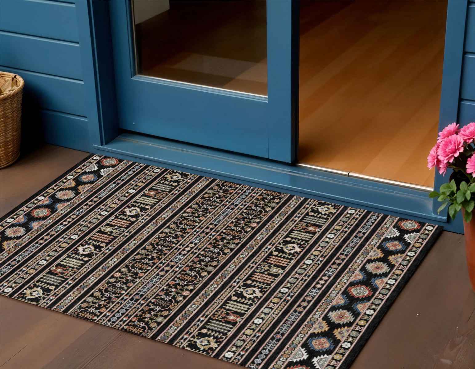 3' X 5' Black Blue And Copper Tribal Washable Indoor Outdoor Area Rug