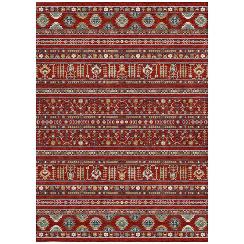5' X 8' Red Gold And Blue Tribal Washable Indoor Outdoor Area Rug