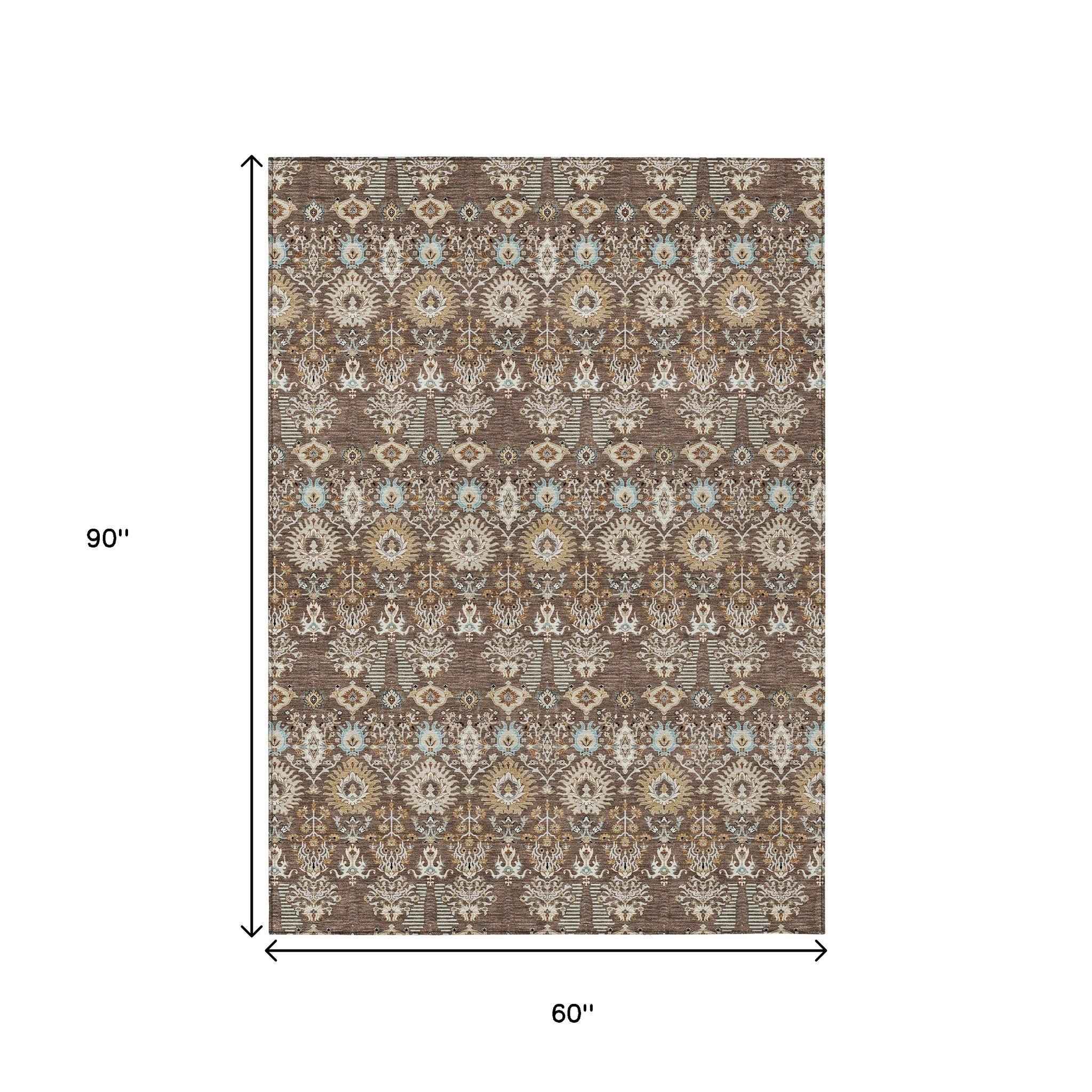 5' X 8' Brown And Beige Floral Washable Indoor Outdoor Area Rug