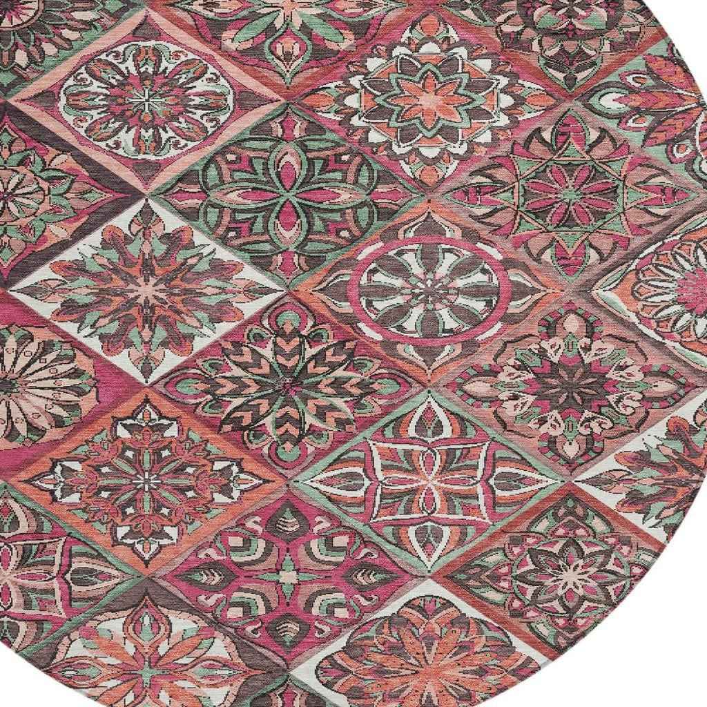 8' Blush And Green Round Patchwork Washable Indoor Outdoor Area Rug