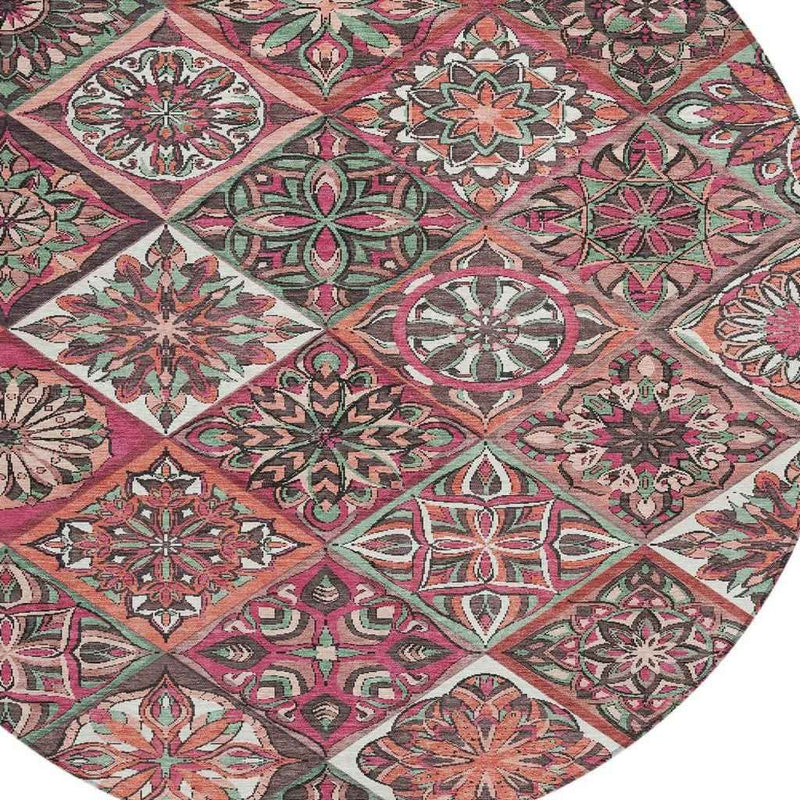 8' Blush And Green Round Patchwork Washable Indoor Outdoor Area Rug