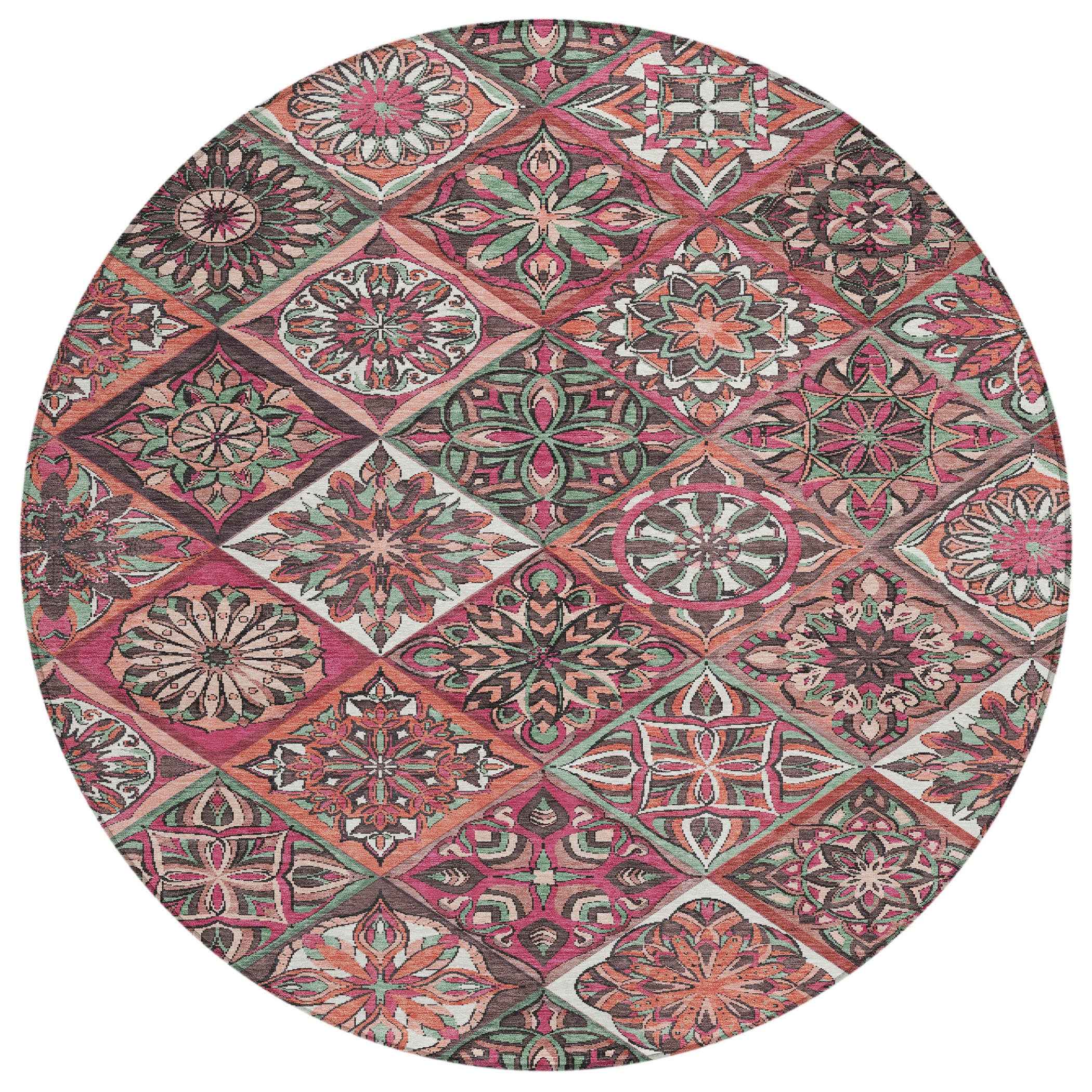 8' Blush And Green Round Patchwork Washable Indoor Outdoor Area Rug