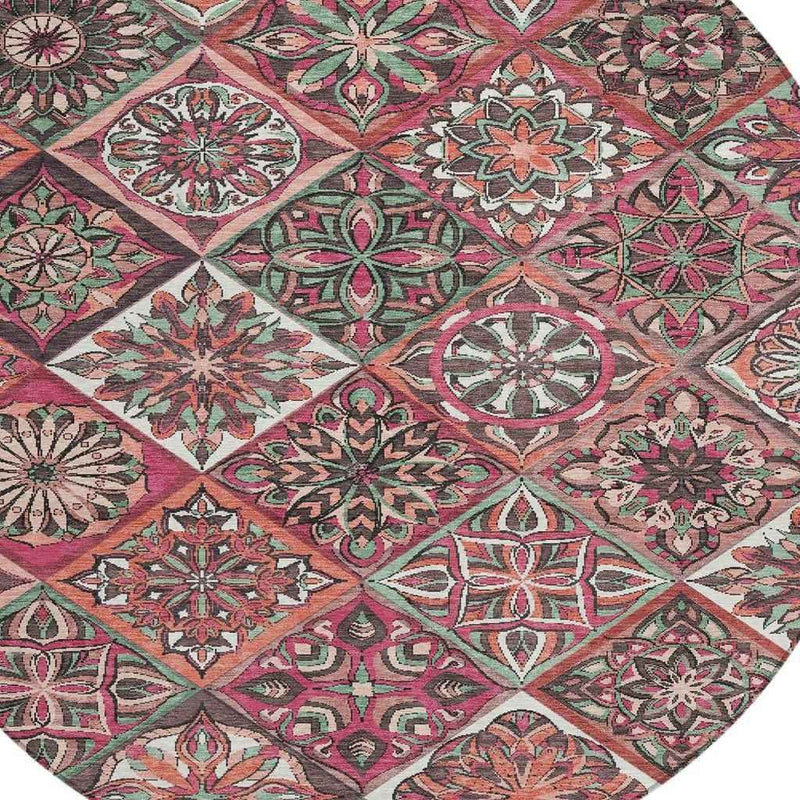 8' Blush And Green Round Patchwork Washable Indoor Outdoor Area Rug