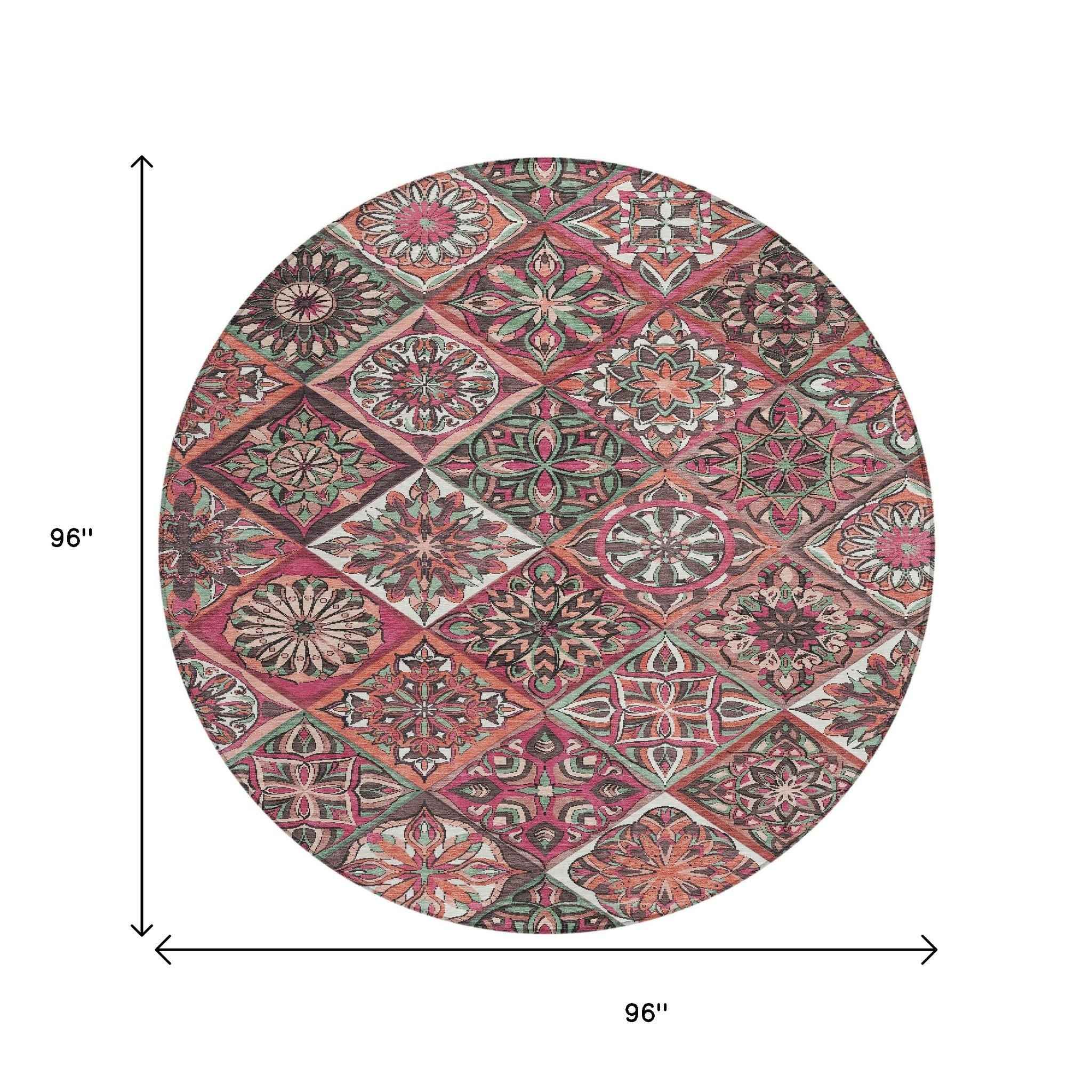 8' Blush And Green Round Patchwork Washable Indoor Outdoor Area Rug