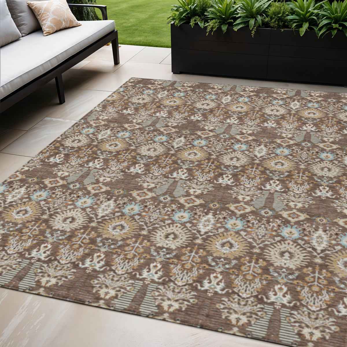 5' X 8' Brown And Beige Floral Washable Indoor Outdoor Area Rug