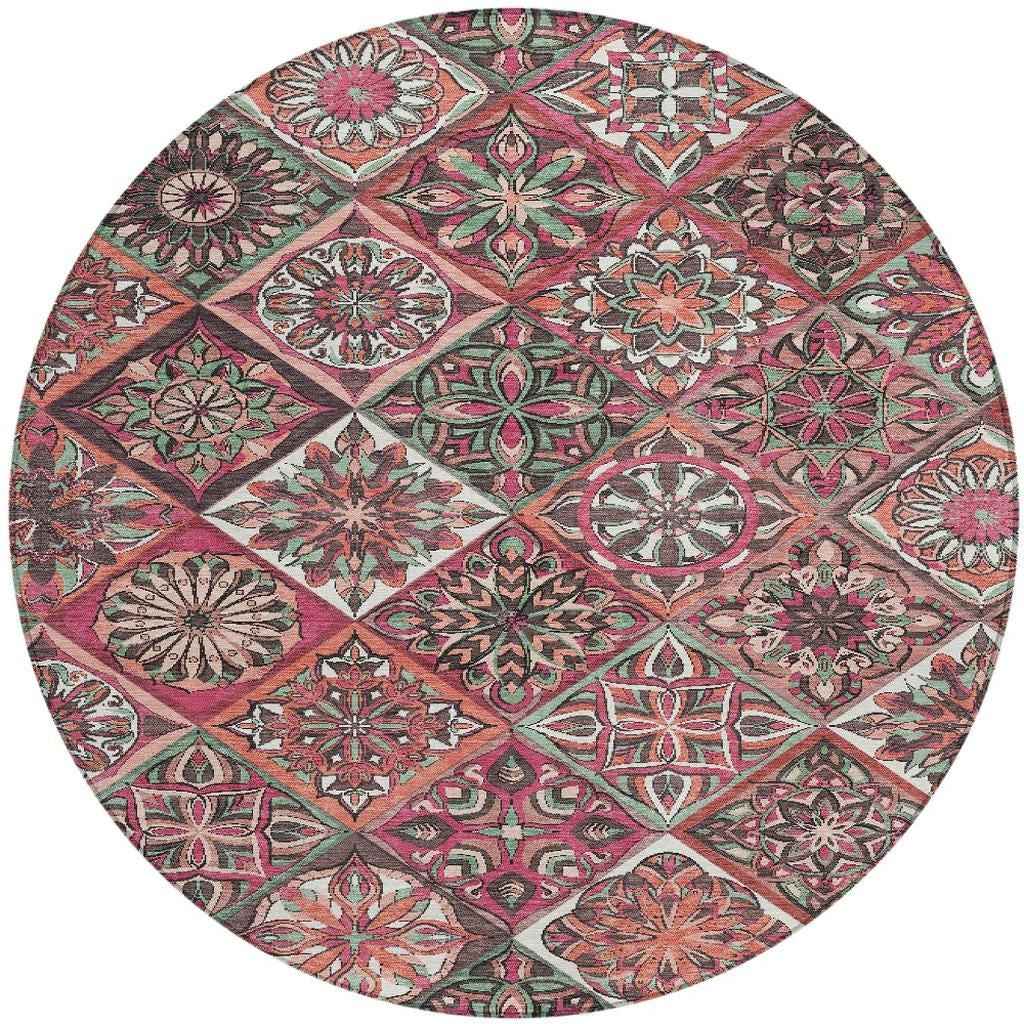 8' Blush And Green Round Patchwork Washable Indoor Outdoor Area Rug