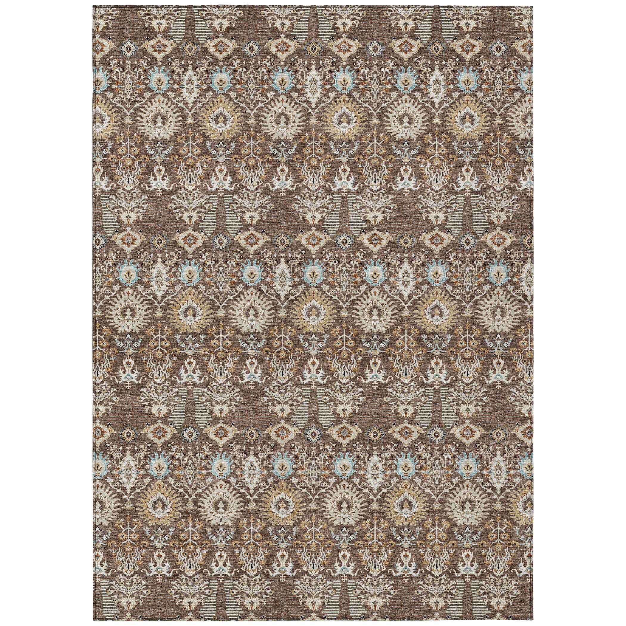 5' X 8' Brown And Beige Floral Washable Indoor Outdoor Area Rug