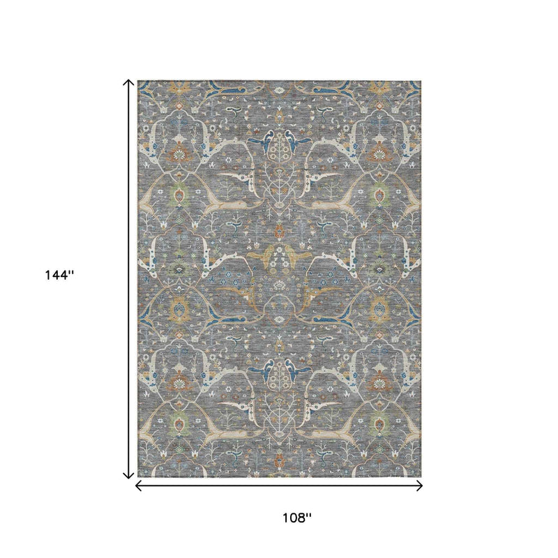 9' X 12' Gray Green And Copper Floral Washable Indoor Outdoor Area Rug