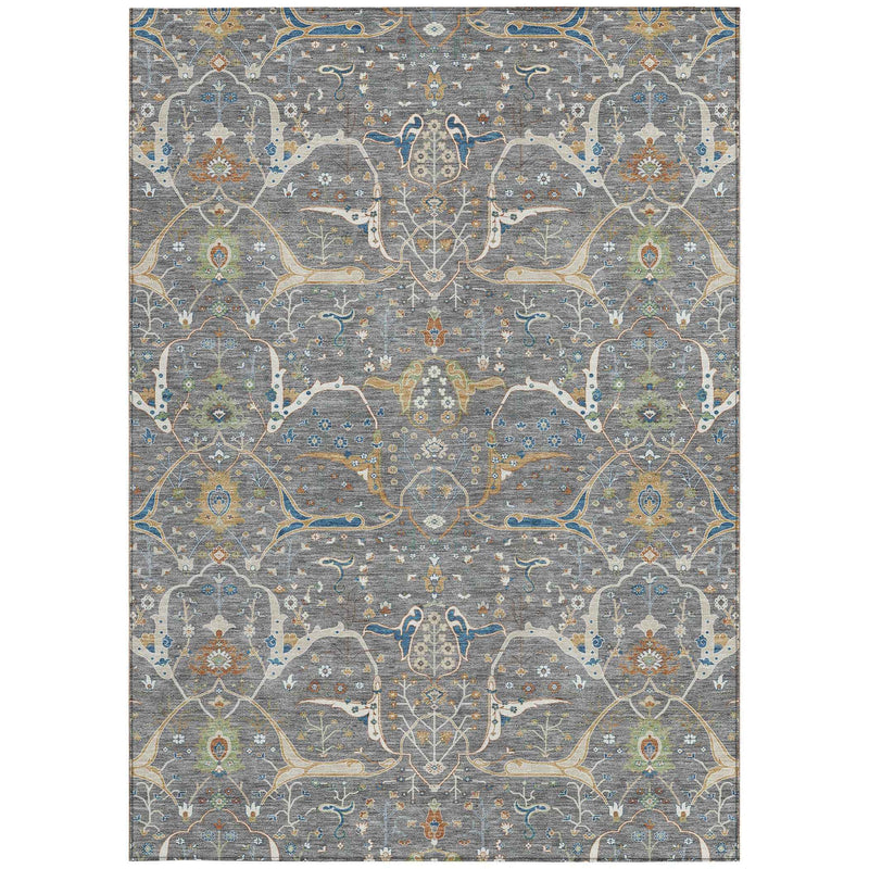 9' X 12' Gray Green And Copper Floral Washable Indoor Outdoor Area Rug