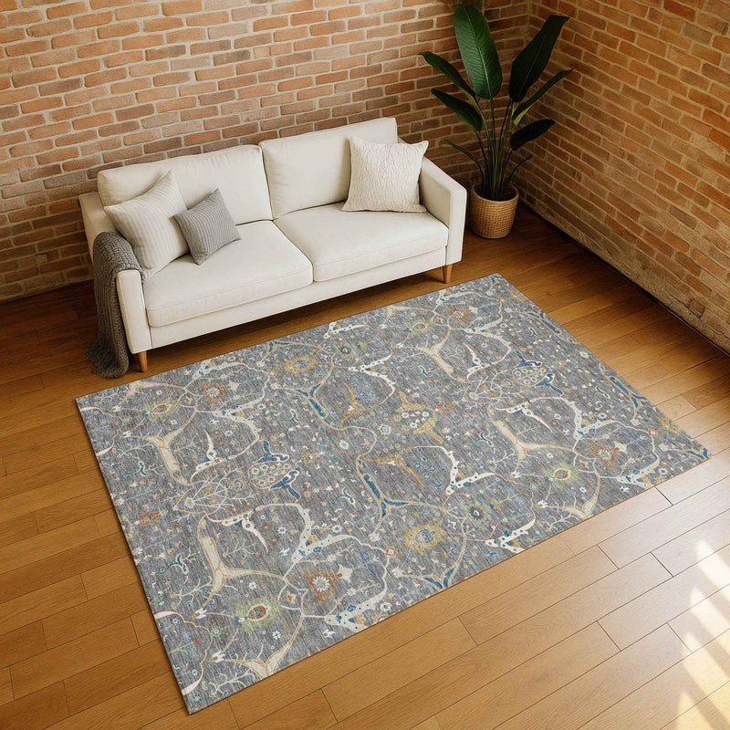 9' X 12' Gray Green And Copper Floral Washable Indoor Outdoor Area Rug