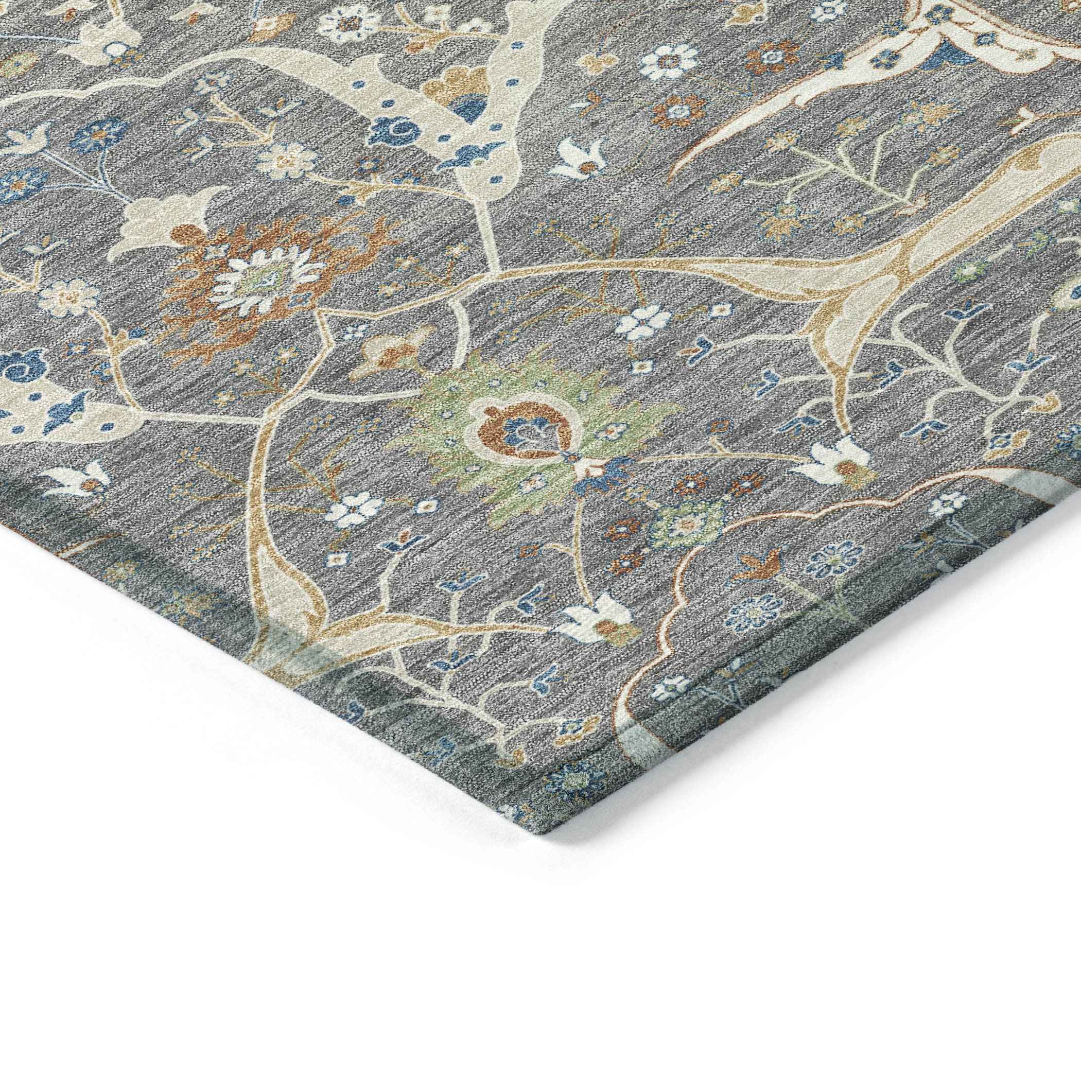 9' X 12' Gray Green And Copper Floral Washable Indoor Outdoor Area Rug