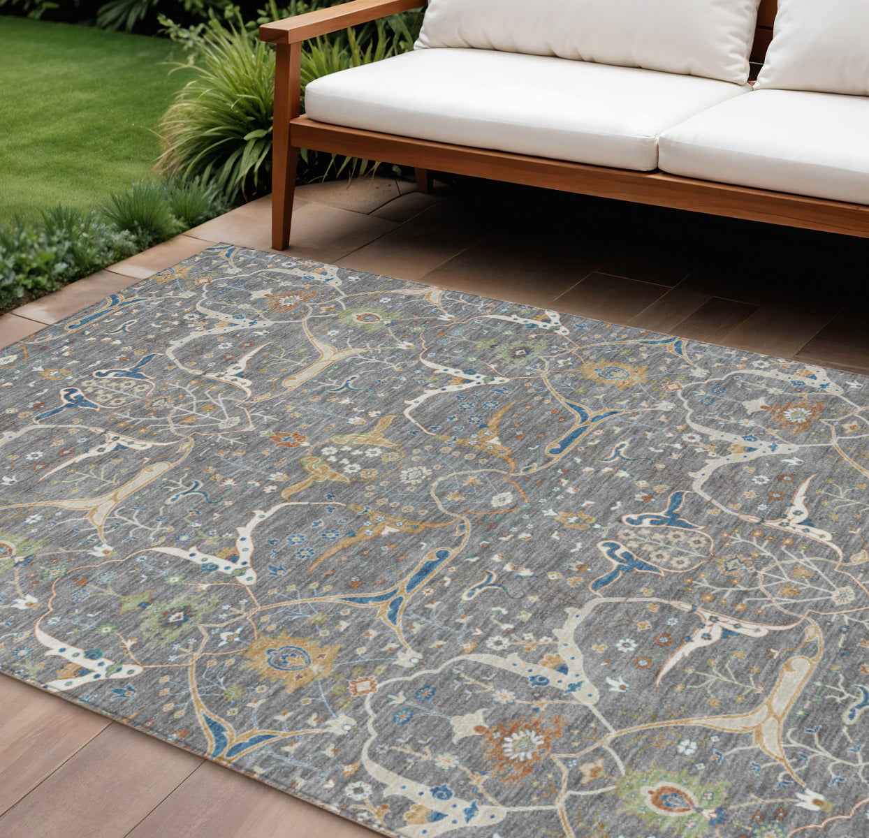9' X 12' Gray Green And Copper Floral Washable Indoor Outdoor Area Rug