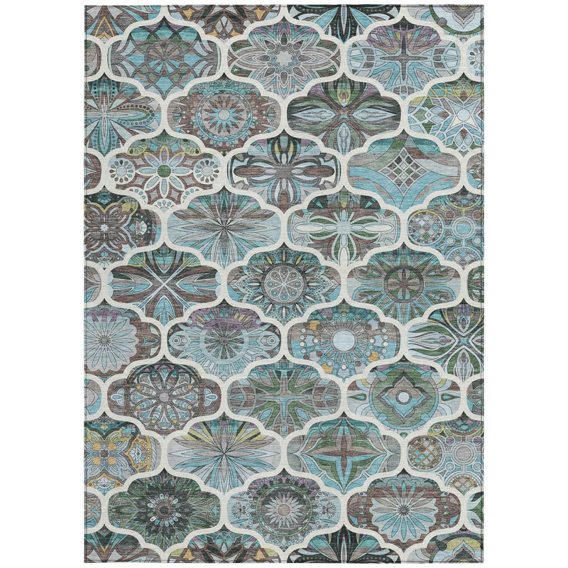 3' X 5' Teal Blue And Ivory Quatrefoil Washable Indoor Outdoor Area Rug