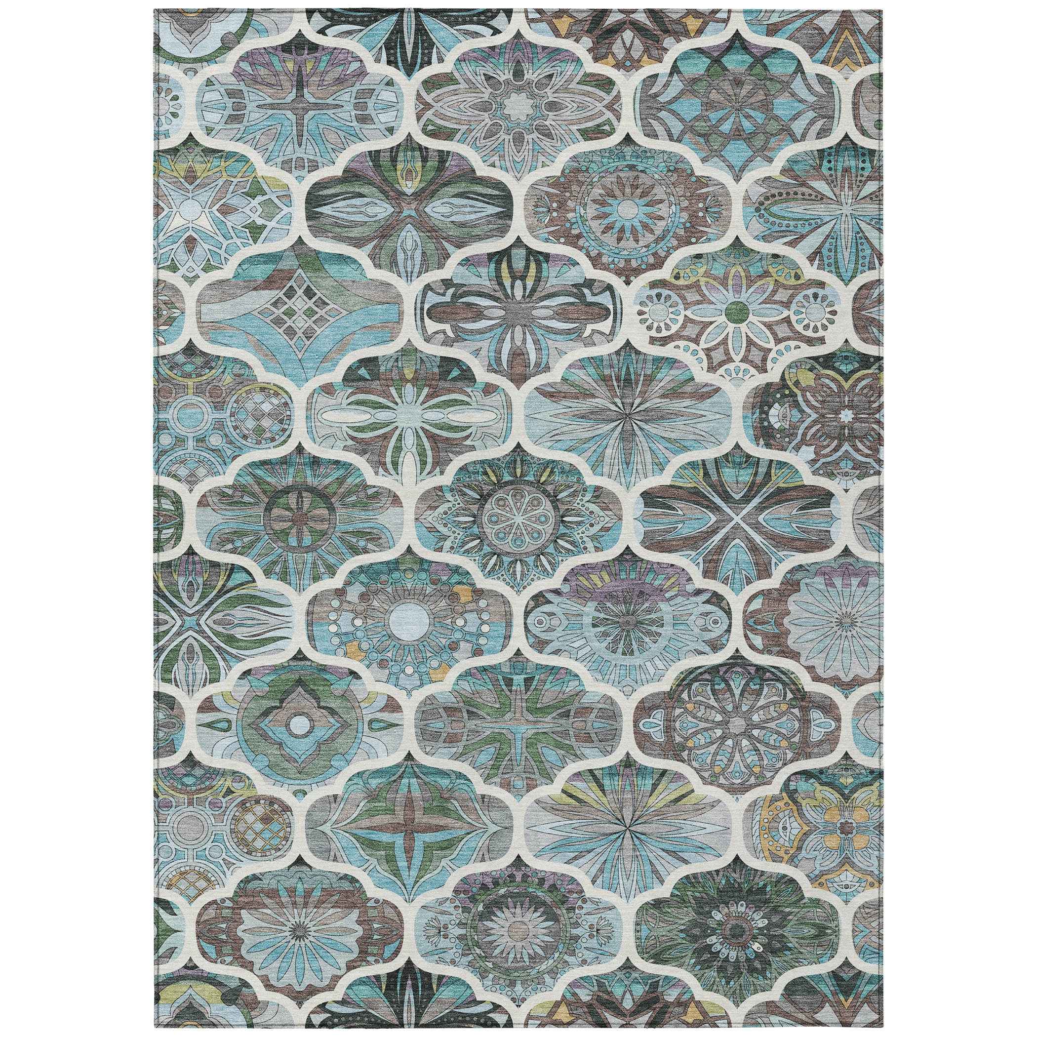 3' X 5' Teal Blue And Ivory Quatrefoil Washable Indoor Outdoor Area Rug