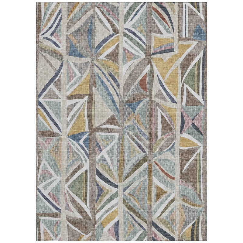 5' X 8' Taupe Ivory And Gold Geometric Washable Indoor Outdoor Area Rug