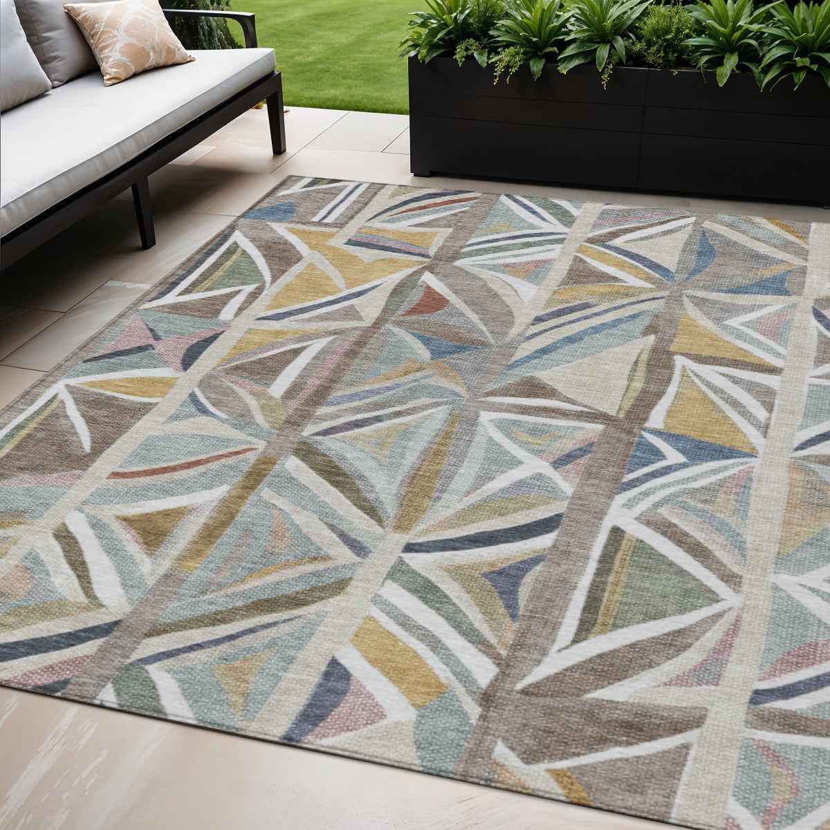 5' X 8' Taupe Ivory And Gold Geometric Washable Indoor Outdoor Area Rug