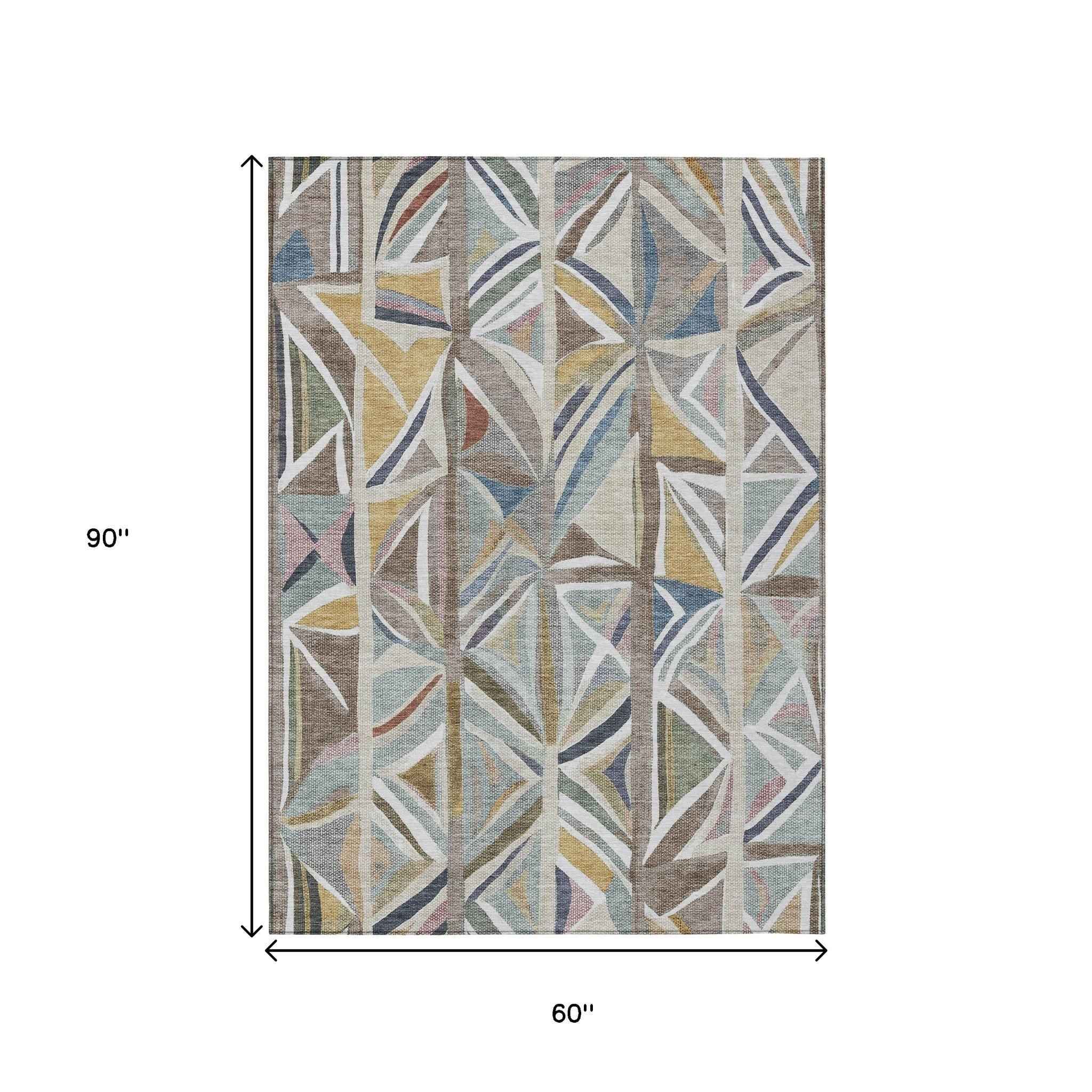5' X 8' Taupe Ivory And Gold Geometric Washable Indoor Outdoor Area Rug
