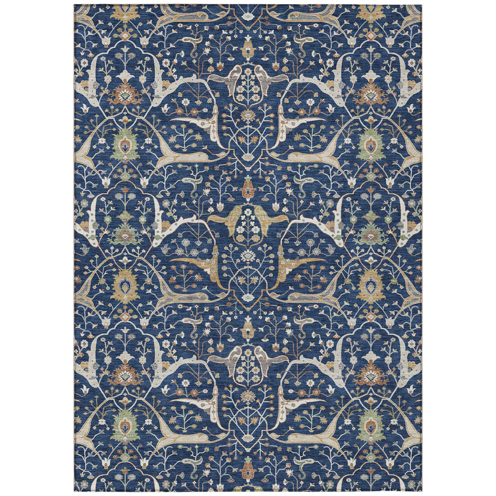 5' X 8' Navy Blue Ivory And Gold Floral Washable Indoor Outdoor Area Rug