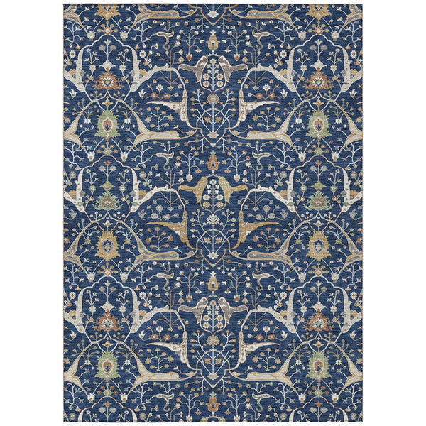 5' X 8' Navy Blue Ivory And Gold Floral Washable Indoor Outdoor Area Rug