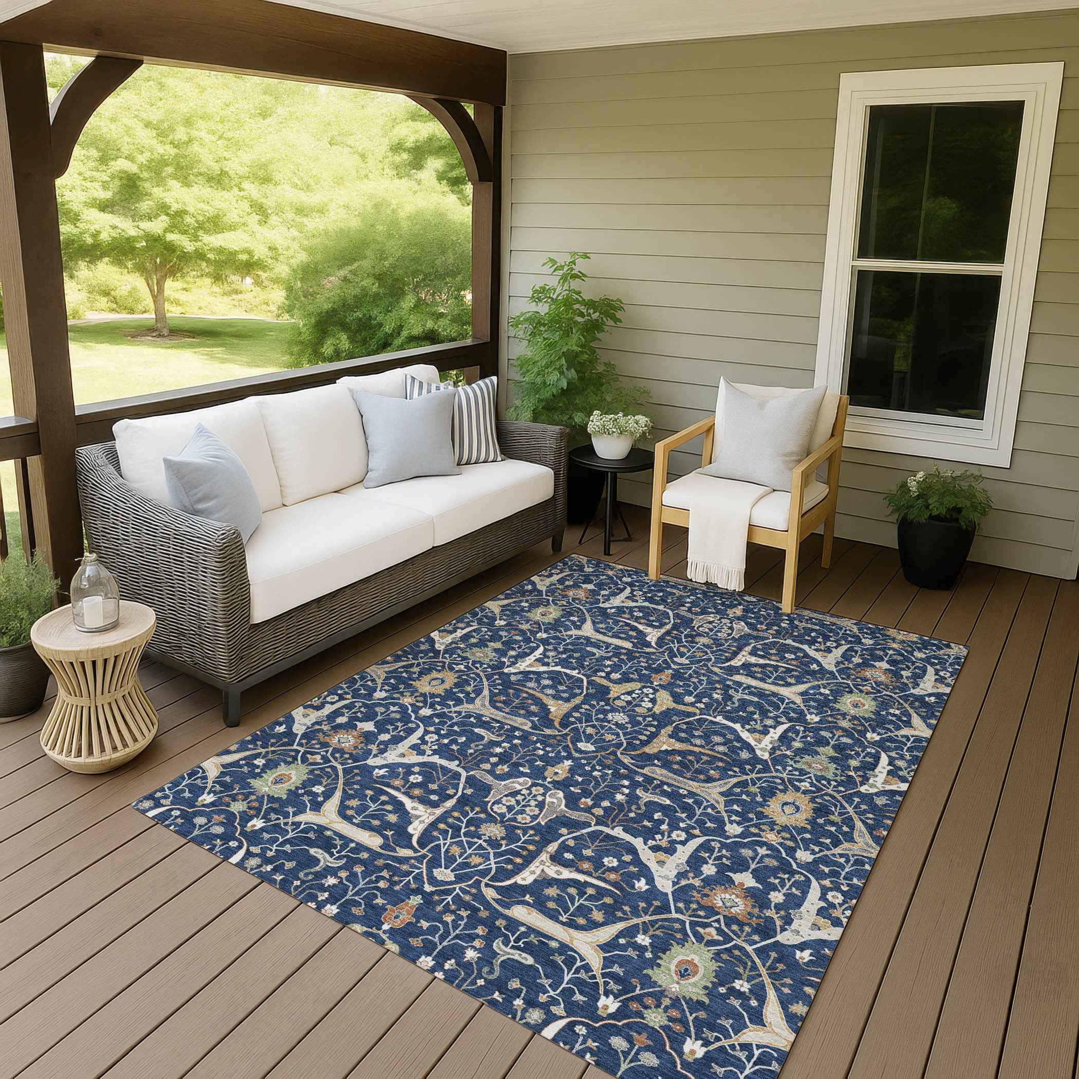 5' X 8' Navy Blue Ivory And Gold Floral Washable Indoor Outdoor Area Rug