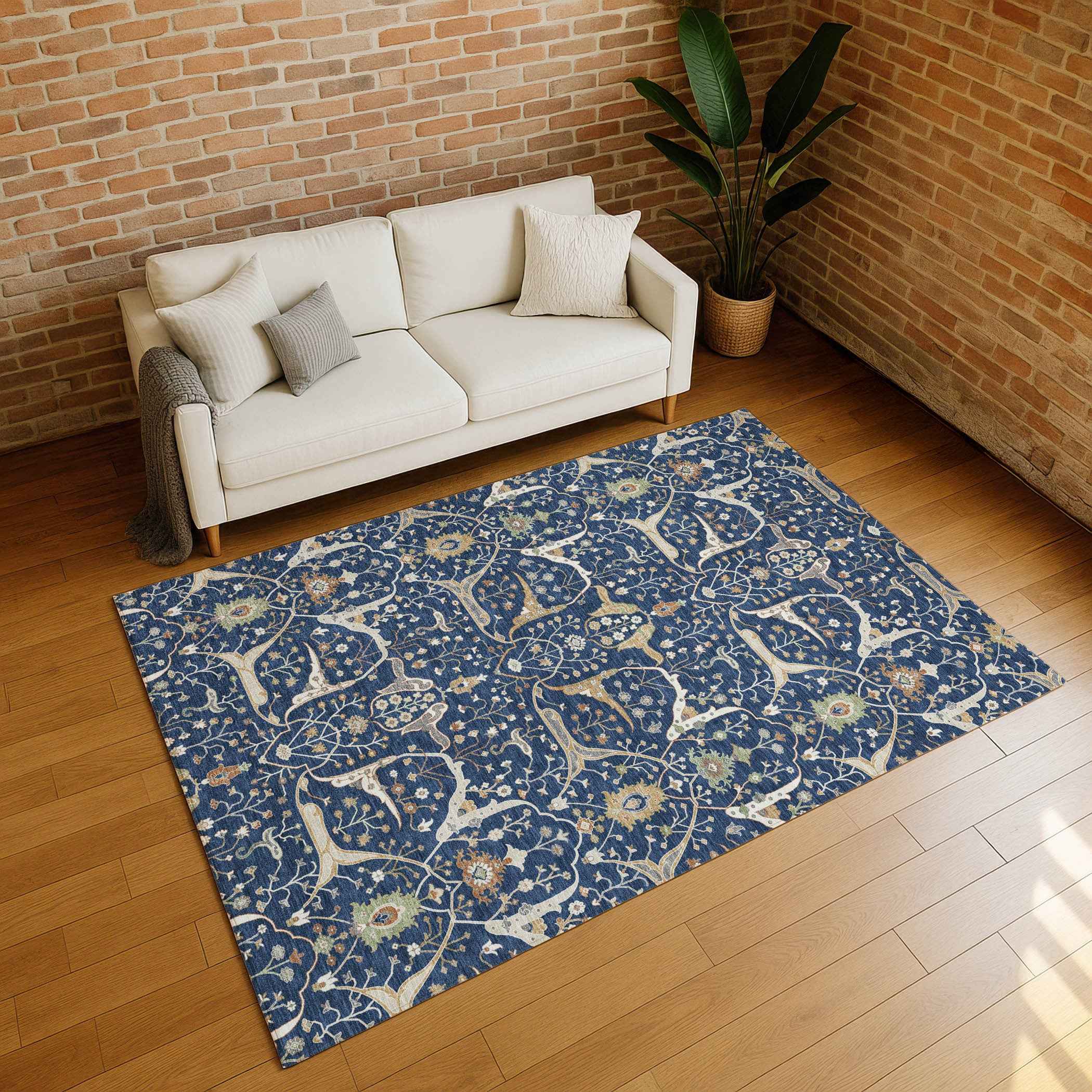 5' X 8' Navy Blue Ivory And Gold Floral Washable Indoor Outdoor Area Rug