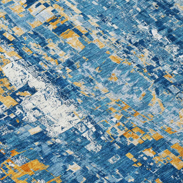 8' Navy Blue Gold And Ivory Round Abstract Washable Indoor Outdoor Area Rug