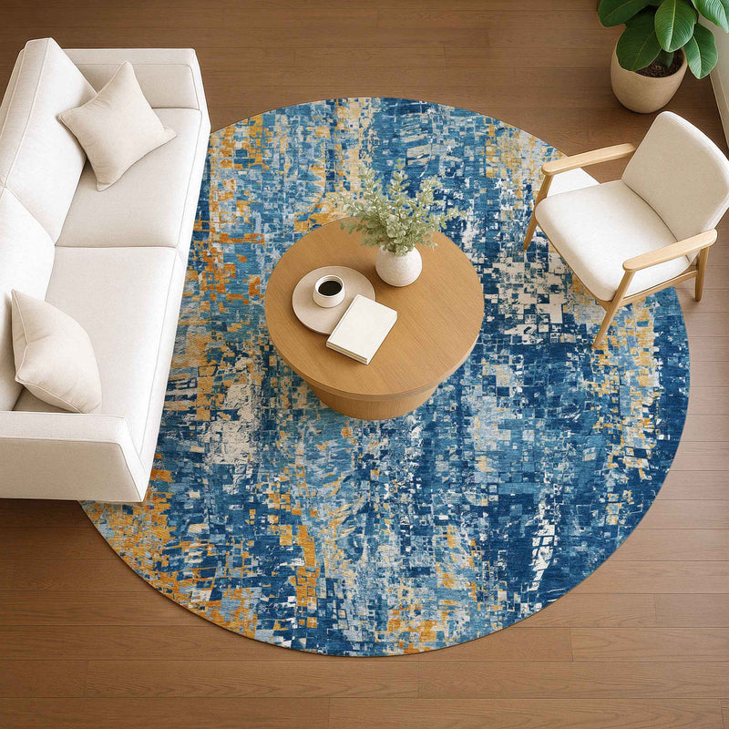 8' Navy Blue Gold And Ivory Round Abstract Washable Indoor Outdoor Area Rug